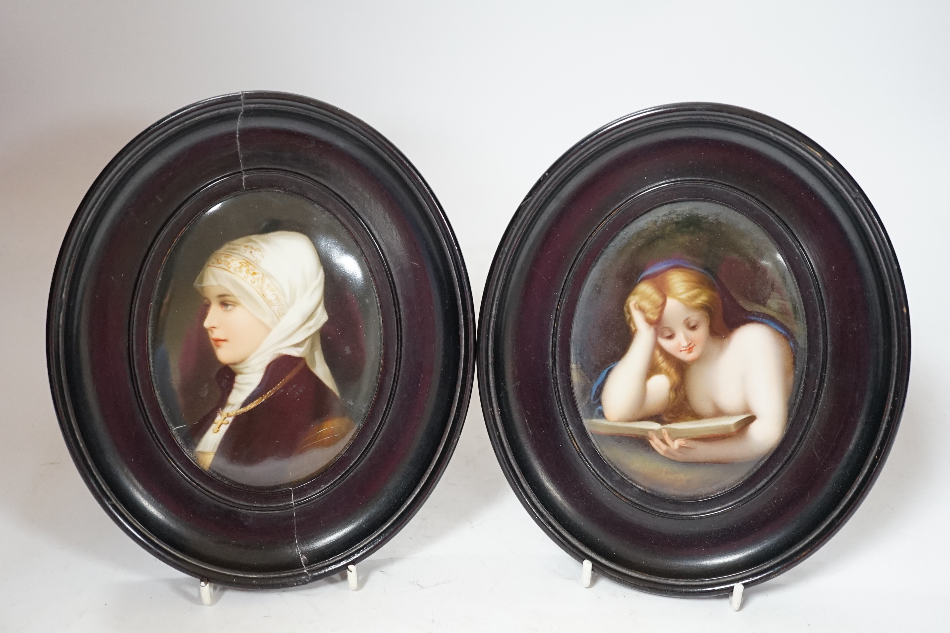 Two Paris porcelain oval portrait plaques, 20cm high. Condition - plaques good, one frame joints need attention